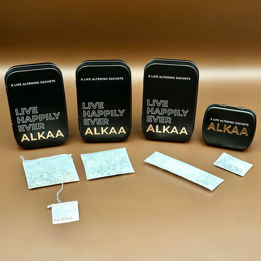 ALKAA Sachets in various Tins displaying the range of sachets, Tagged, Regular, Skinny, and The Dram