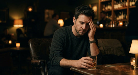 Man sitting in a dim bar holding a drink and pressing his temple, showing discomfort from an alcohol-related headache after drinking