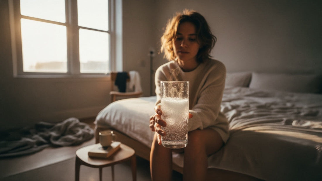 Person sitting in the morning holding a glass of water with a dissolving Alka-Seltzer tablet for hangover relief