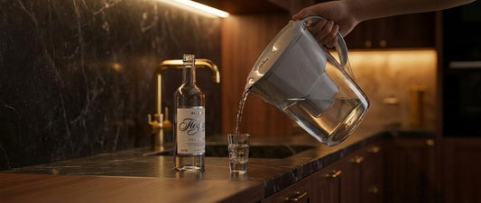 Clear liquid pouring from a kitchen water filter pitcher into a shot glass on a wood countertop