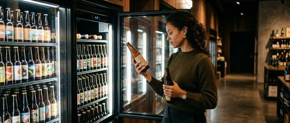 Shopper reading a beer label while comparing sulfite information