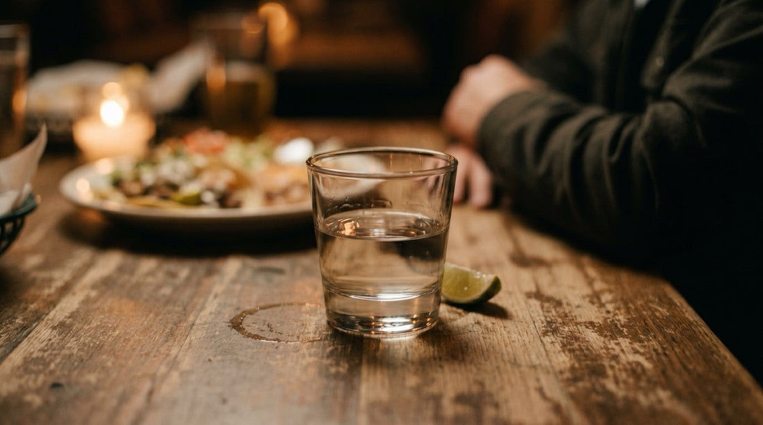A glass of clear Blanco tequila on a table — a low-histamine spirit choice for sensitive drinkers