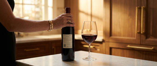 Hand turning a red wine bottle to read the back label beside a full glass of red wine