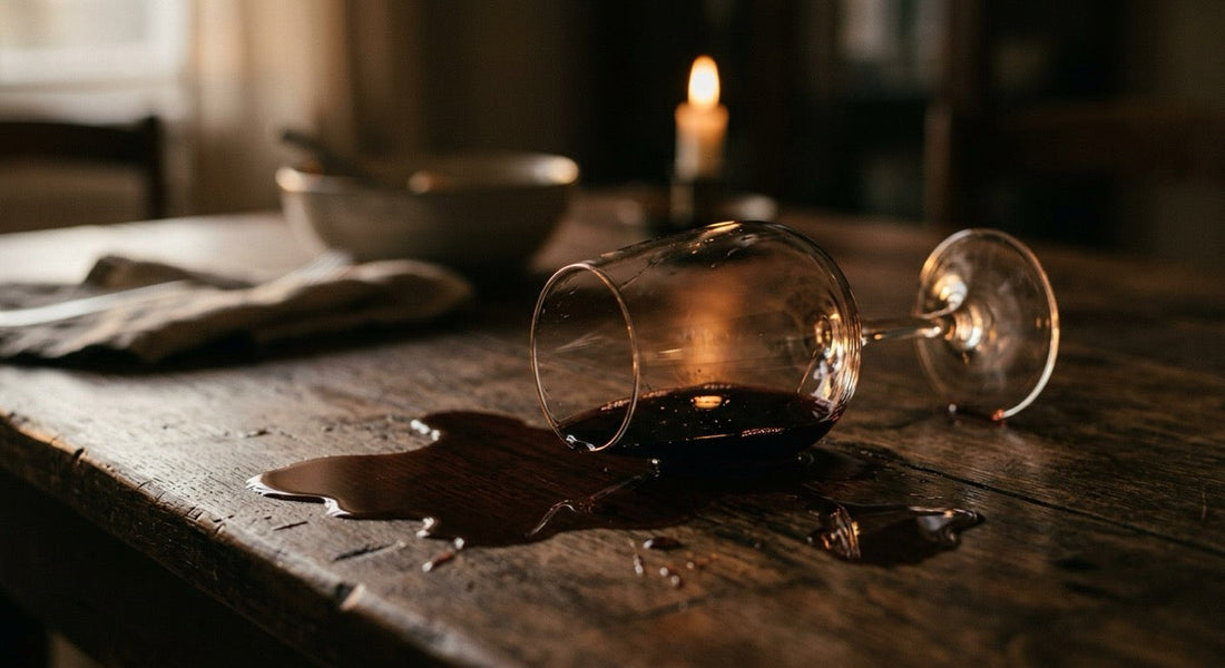 Spilled red wine glass on wooden table, illustrating alcohol intolerance triggers like wine-related reactions and sensitivity symptoms