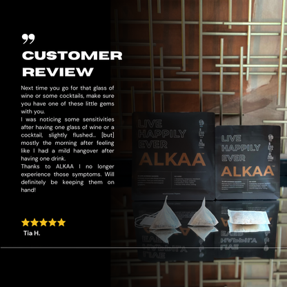 ALKAA sachet hangover prevention bags front and rear. Testimonial. Hangover cure, alcohol intolerance prevention