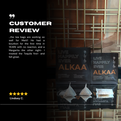 ALKAA sachet hangover prevention bags front and rear. Testimonial. Hangover cure, alcohol intolerance prevention