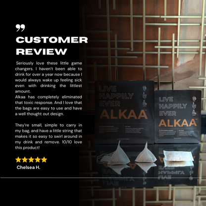 ALKAA sachet hangover prevention bags front and rear.  Testimonial.  Hangover cure, alcohol intolerance prevention