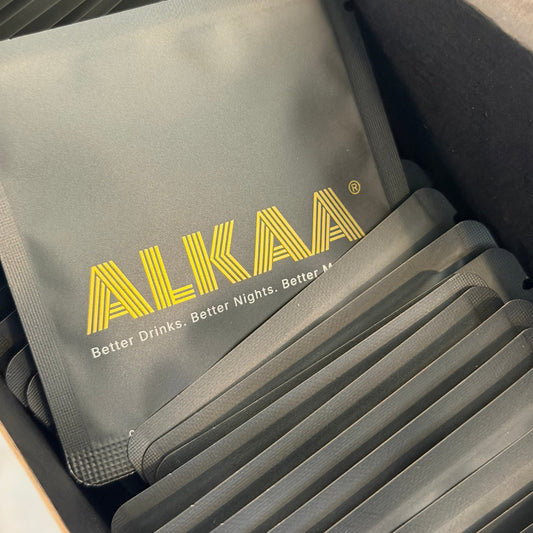 Single pouches of ALKAA shown in a black box